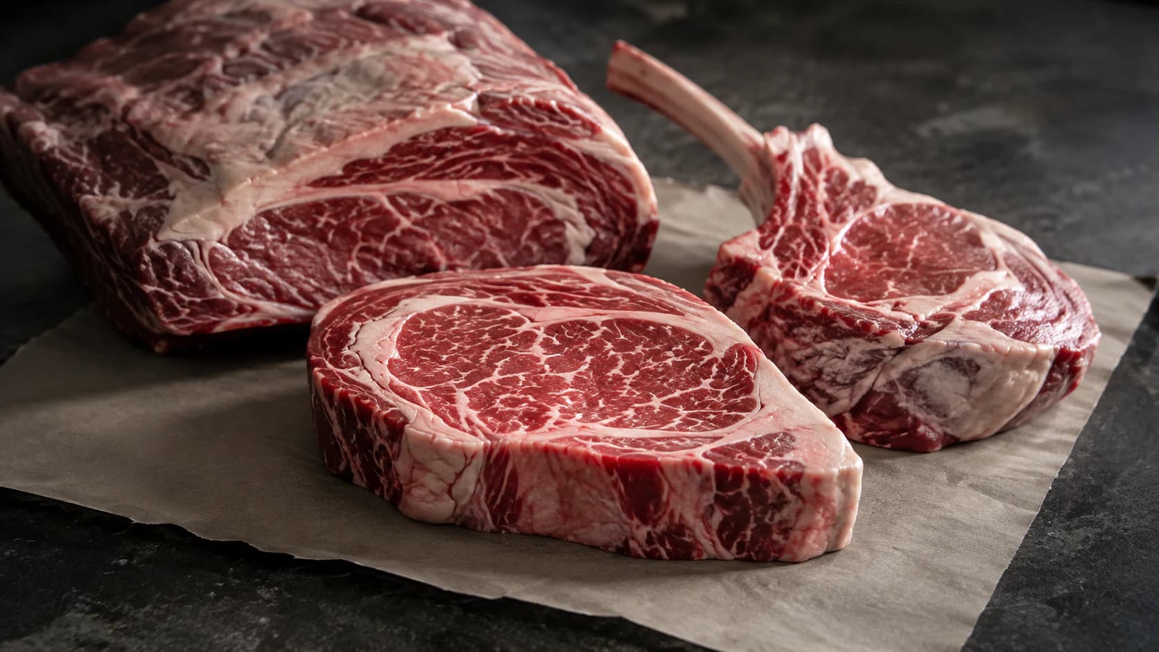 Marbled beef cuts arranged on butcher paper