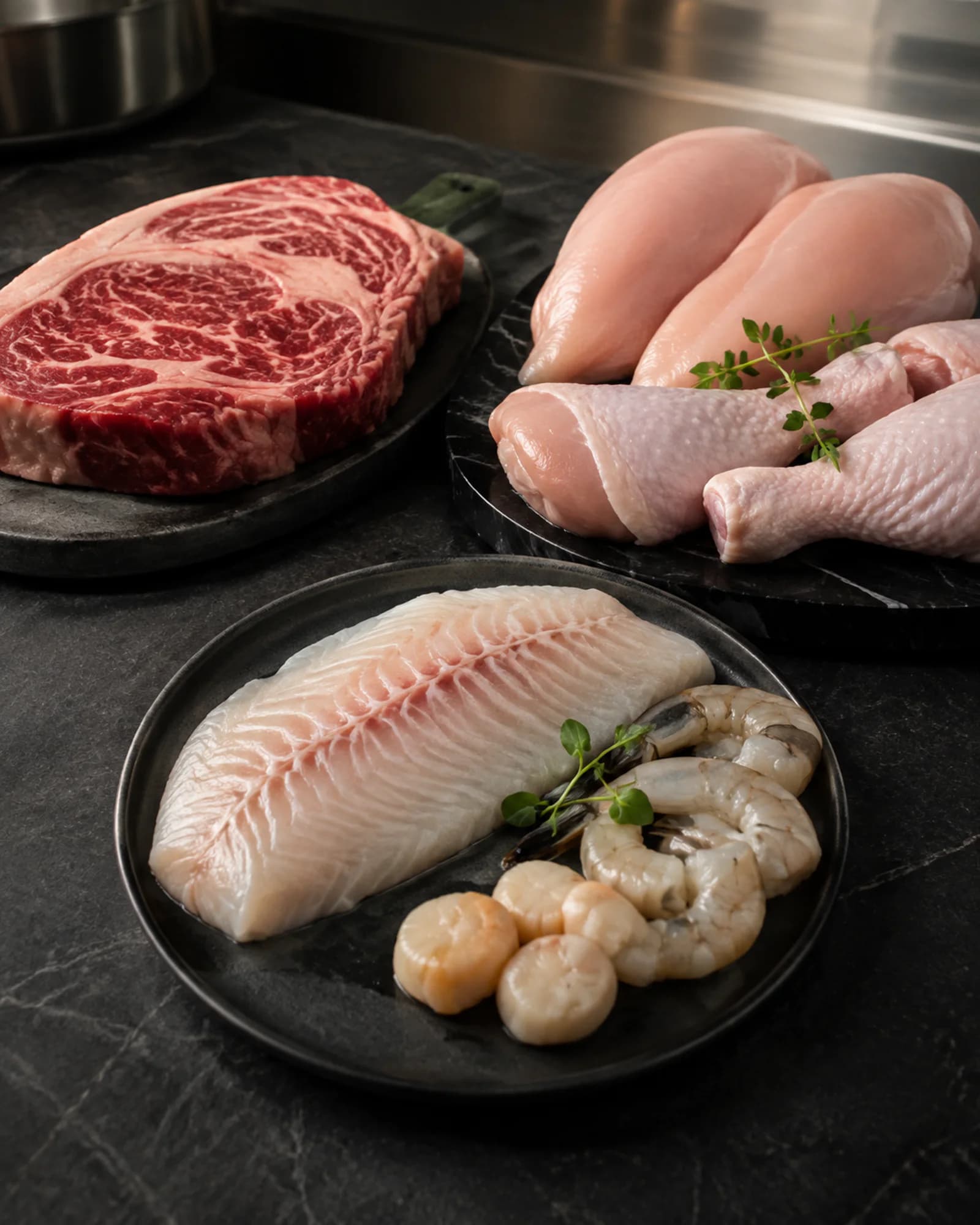 Beef, poultry, and seafood prepared for a professional kitchen