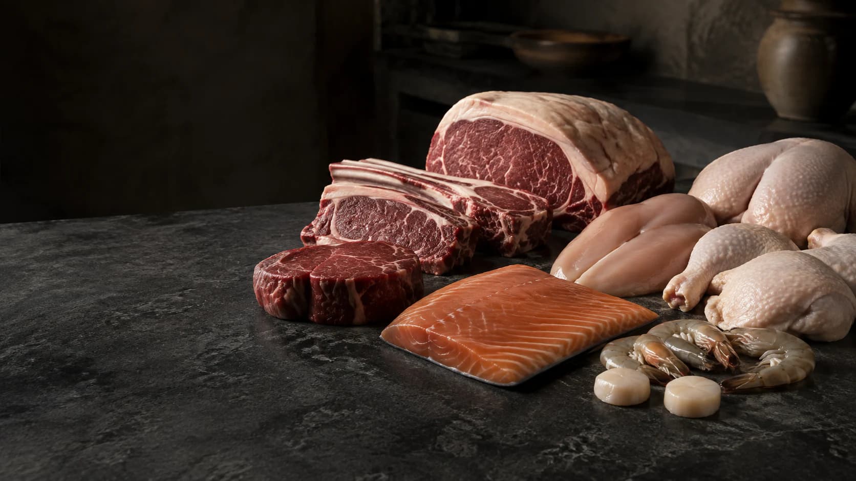 A refined arrangement of beef, poultry, and seafood ingredients